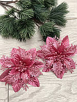 Різдвяна квітка пуансеттія . Прикраса новорічна ( рожева 14 см ), фото 5