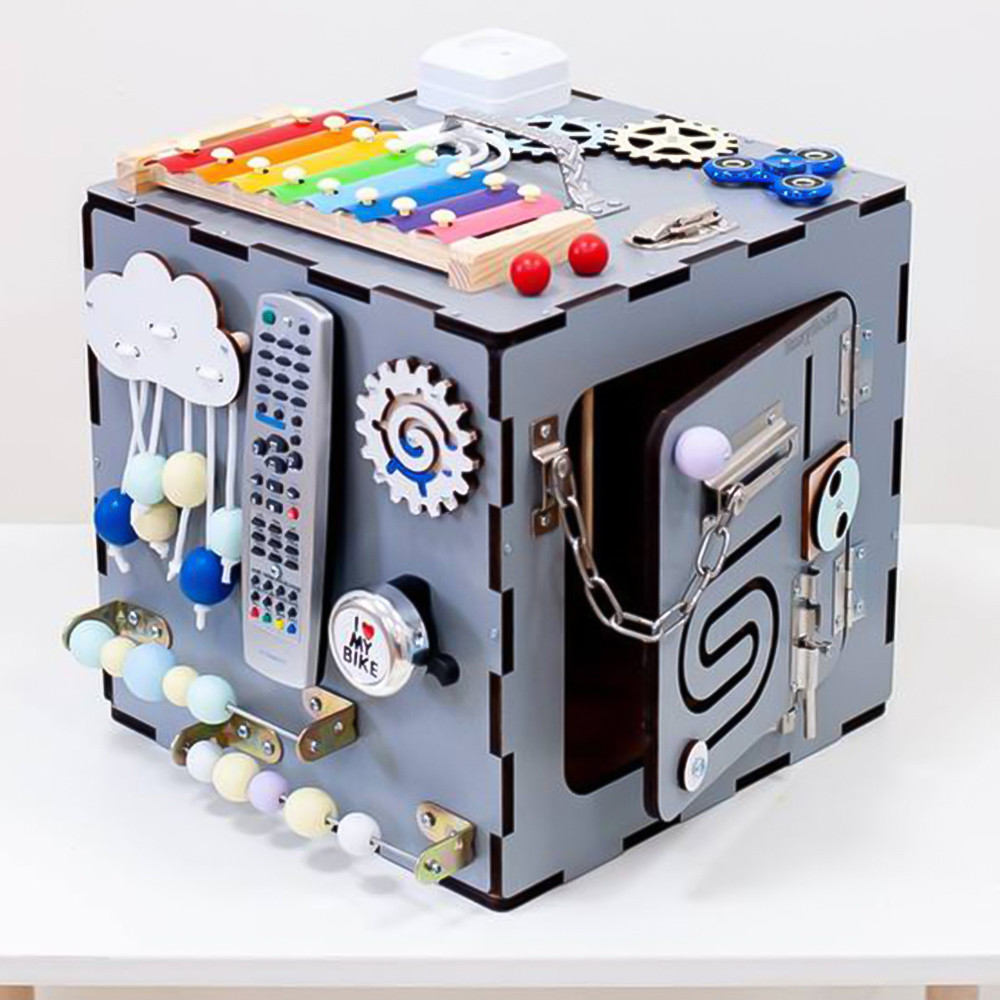 Бізікуб для дітей 30x30x30см, 33 елементи, Темно-сірий (Розвиваючий дерев'яний бізіборд), фото 1