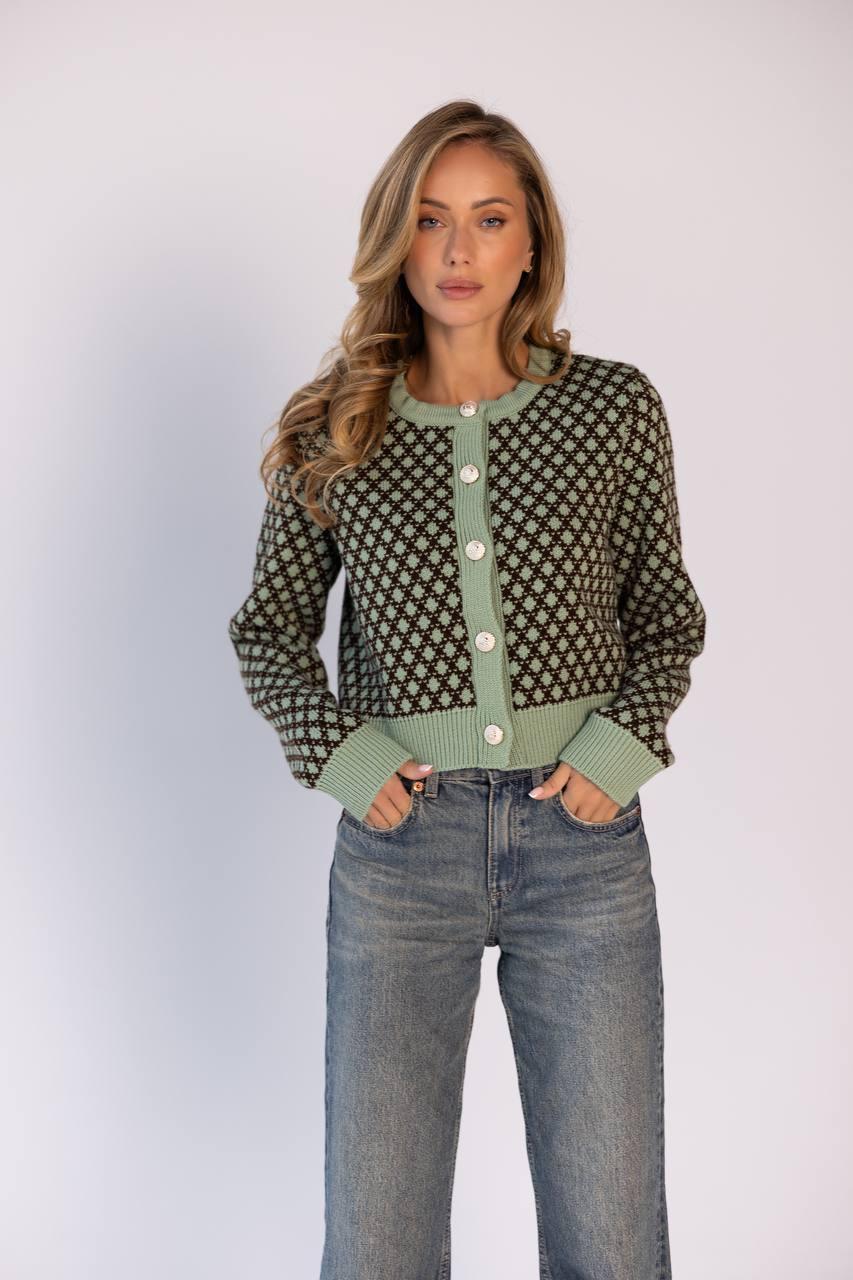 Стильна укорочена кофта з візерунком на ґудзиках, фото 1