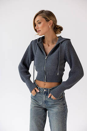 Стильна укорочена в'язана кофта кардиган на блискавці з капюшоном, фото 1