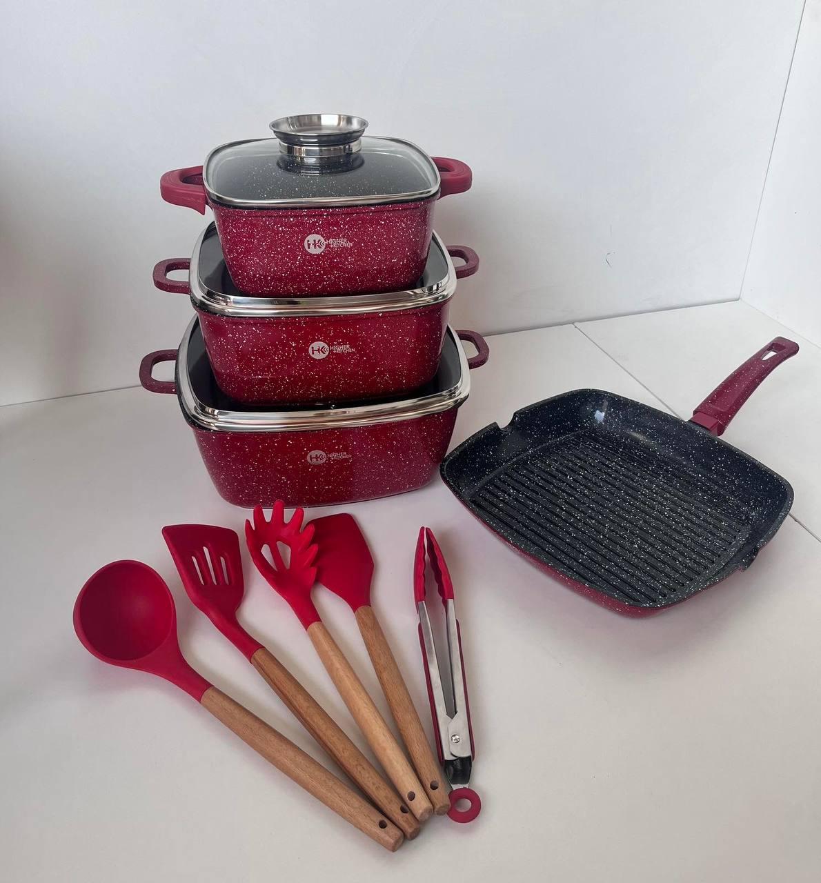 Набір квадратних каструль із гранітним покриттям на 14 предметів Higher Kitchen Червоний