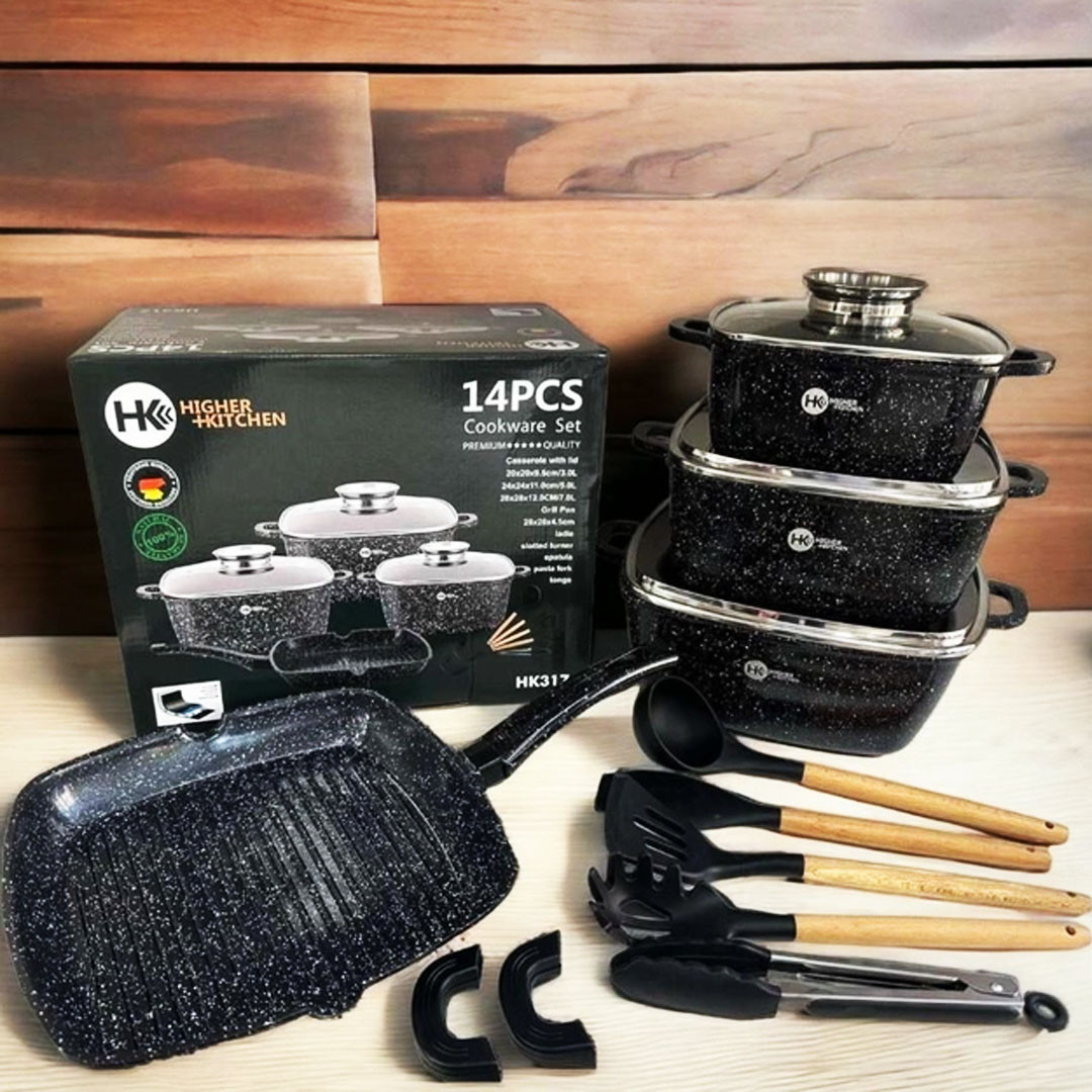Набір квадратних каструль із гранітним покриттям на 14 предметів Higher Kitchen Чорний