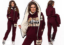 Стильний трикотажний теплий жіночий костюм-трійка: штани + худі +жилетка на хутрі р.42-46. Арт-3311/14