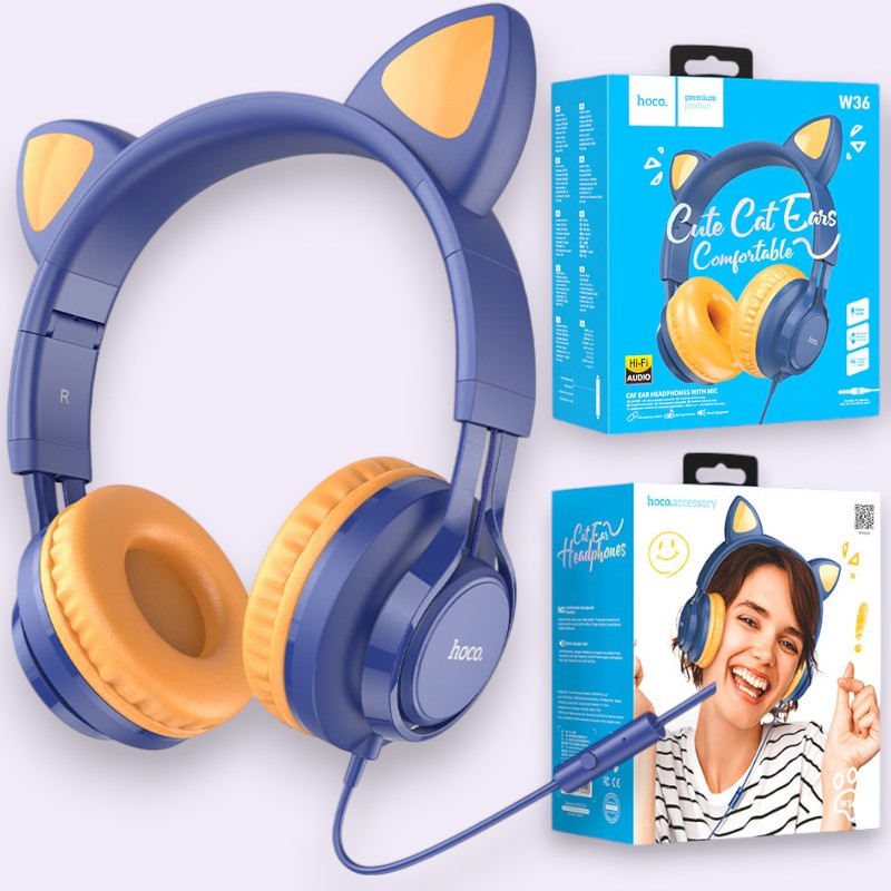 Накладні навушники з вушками BIG HOCO W36 Cat ear headphones Дротячі навушники, сині