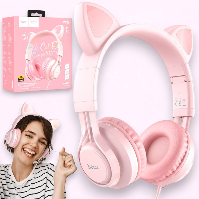 Накладні навушники з вушками BIG HOCO W36 Cat ear headphones Дротові навушники, рожеві
