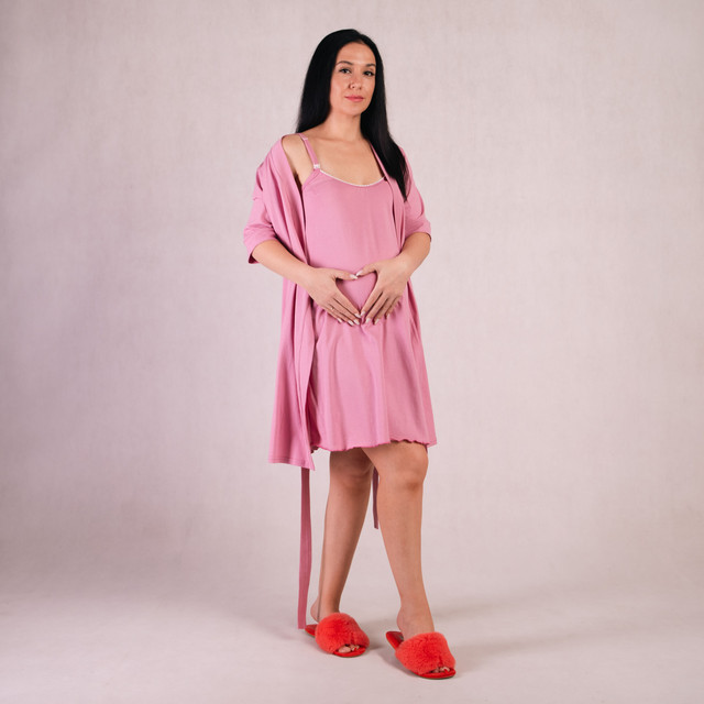 Комплект для беременных и кормящих мам ночная и халат однотонный розовый р.46-54