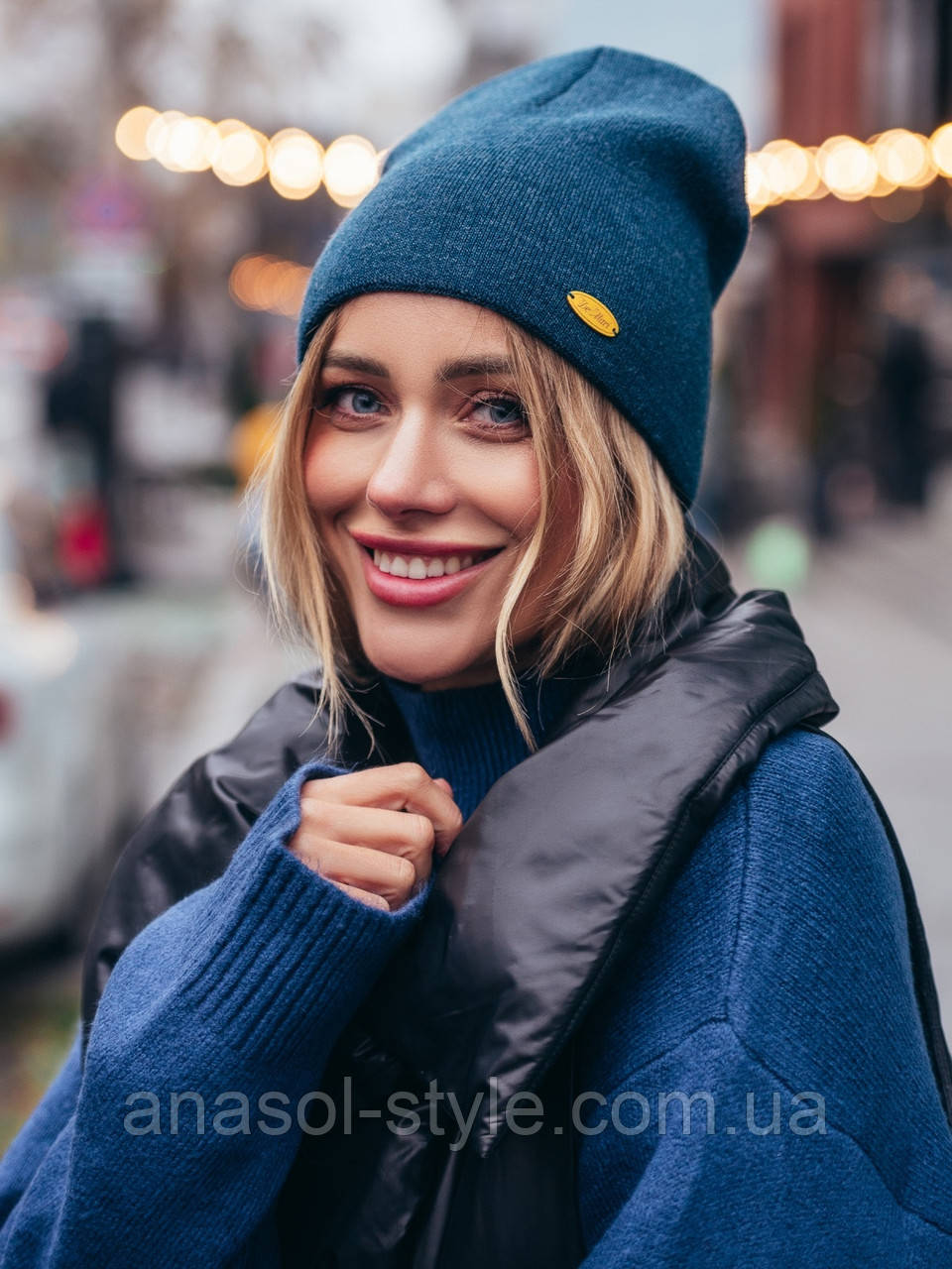 Шапка жіноча в'язана гумка натуральна пряжа якість преміум універсальна морська хвиля