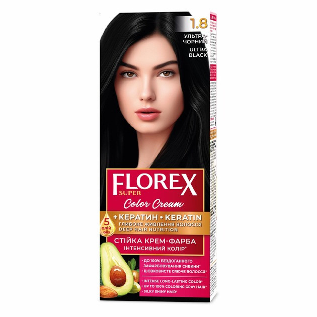 Стійка крем-фарба для волосся Florex КЕРАТИН 1.8 Ультра-чорний, 120 мл