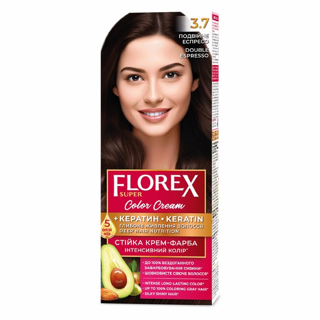 Стійка крем-фарба для волосся Florex КЕРАТИН 3.7 Подвійне еспресо