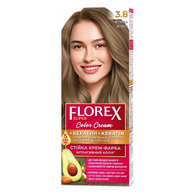 Стійка крем-фарба для волосся Florex КЕРАТИН 3.8 Вільха, 120 мл