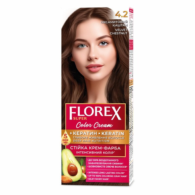Стійка крем-фарба для волосся Florex КЕРАТИН 4.2 Оксамитовий каштан