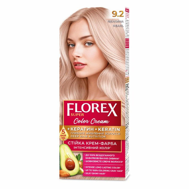 Стійка крем-фарба для волосся Florex КЕРАТИН 9.2 Перлина