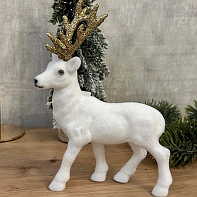 Новорічна декоративна фігура Олень 20см з велюровим покриттям та гліттерними рогами, колір - білий із золотом
