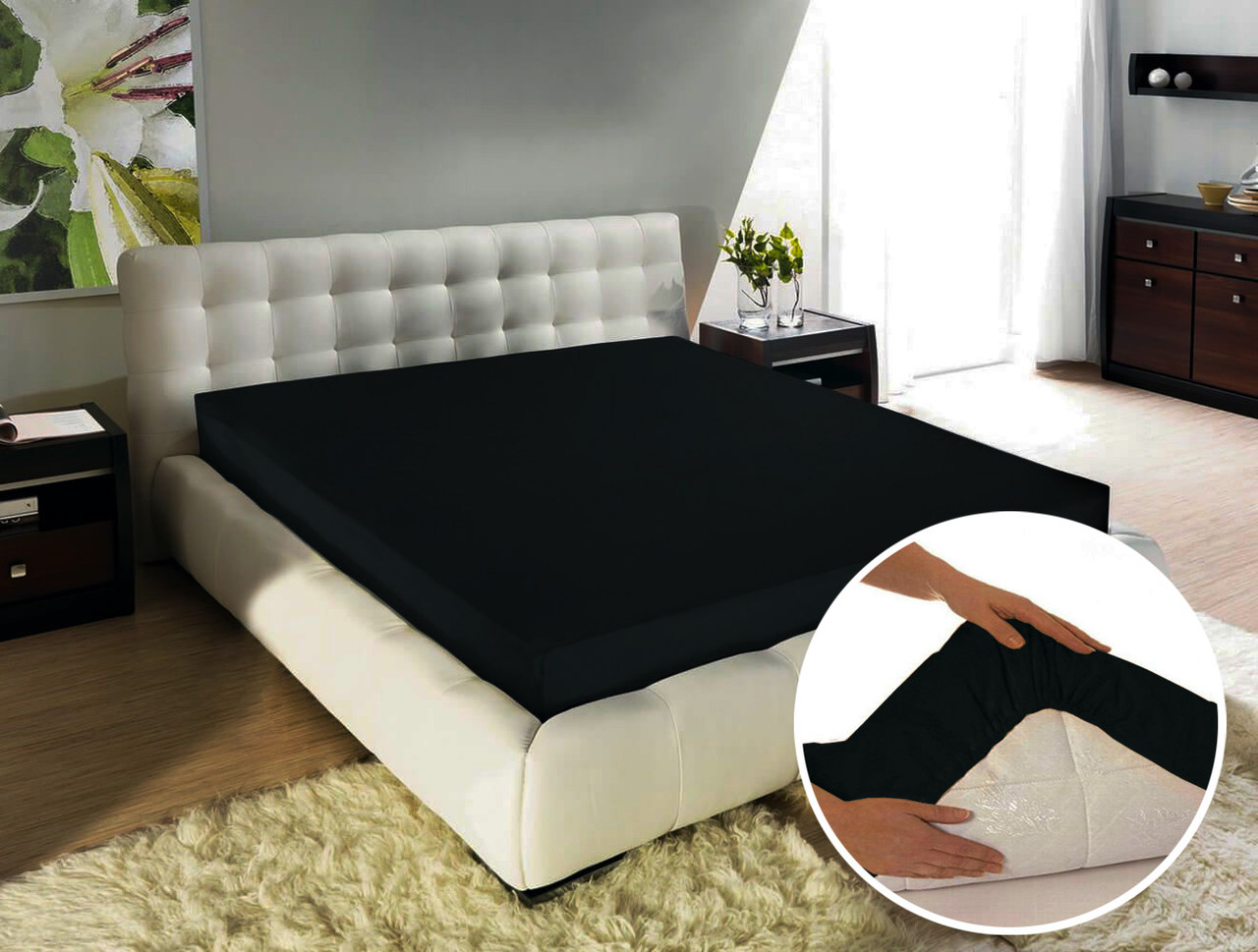 Простирадло трикотажне 100% бавовна джерсі на резинці 160*200 см чорна Польща