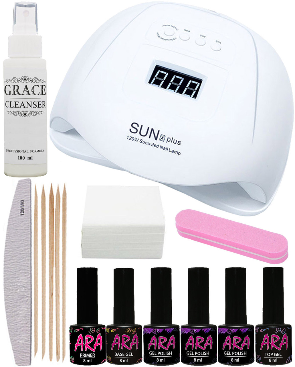 Набір для покриття нігтів гель-лаком Ara Старт + лампа SUN X Plus 120W UV/LED AVADONA