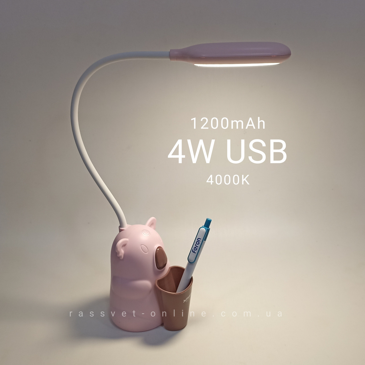 Настільна LED лампа з акумулятором TGX-L4 (Feron) USB 4W "коала" 250Lm 4000K 1200mAh рожева-коричнева