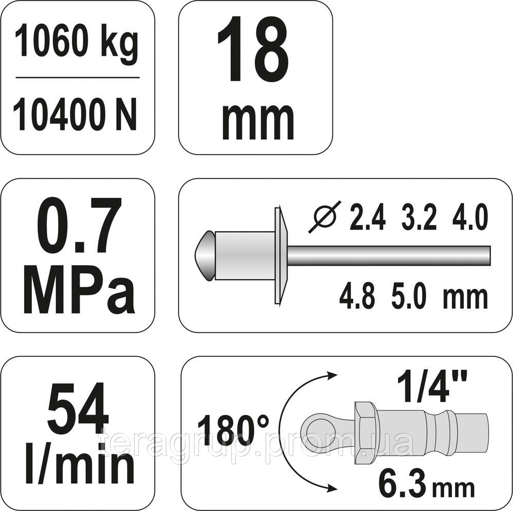 Пневматический заклепочник для вытяжных заклепок 2.4-3.2-4.0-4.8-5.0мм., YATO YT-36171 - фото 4 - id-p43307091