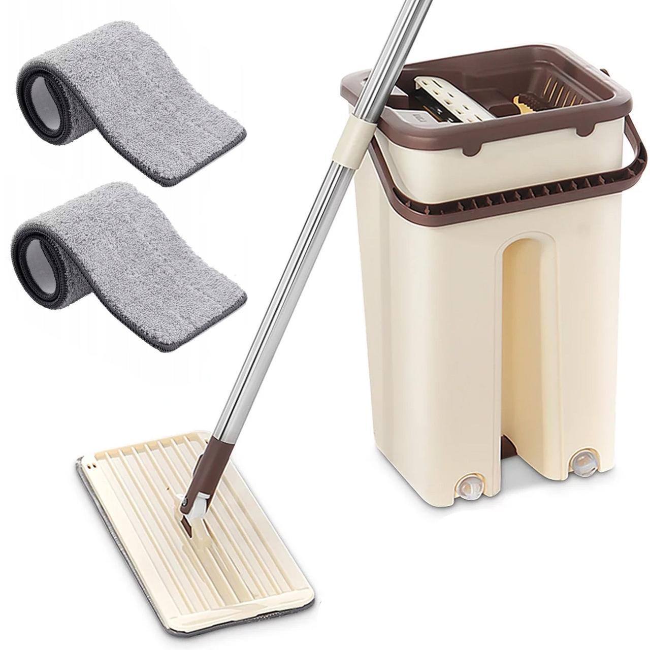 Комплект для прибирання швабра та відро 3,5л з автоматичним віджимом, Scratch Cleaning Mop, Бежевий / Швабра ледарка з відром, фото 1
