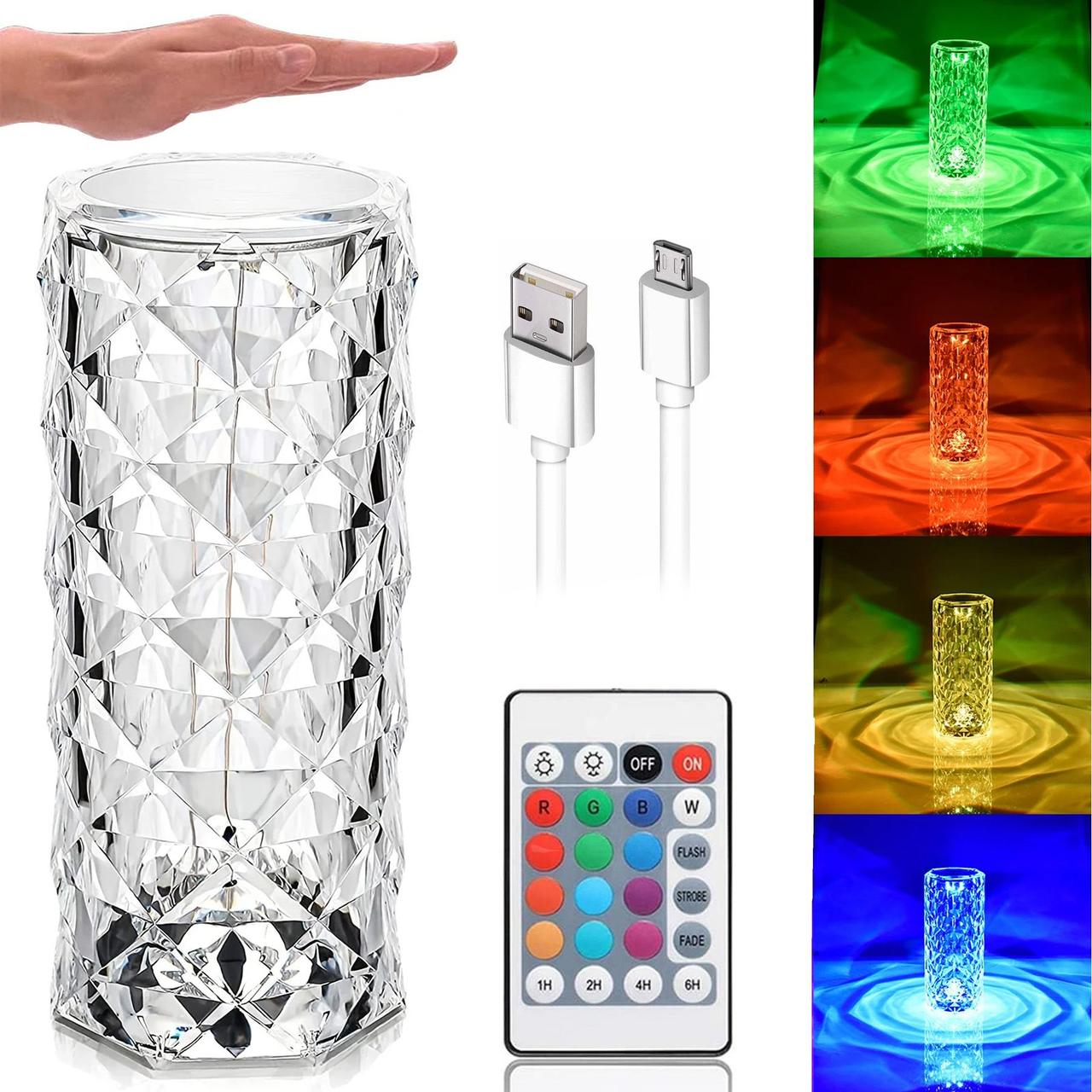 Настільна RGB лампа з пультом та USB-зарядкою, Crystal Rose Ambience / Сенсорний світлодіодний нічник на акумуляторі, фото 1