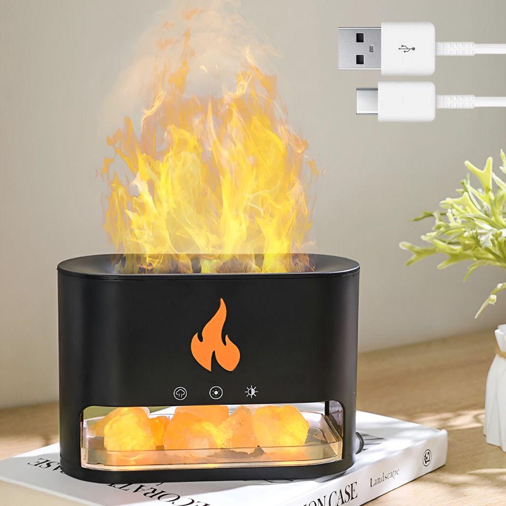 Соляна лампа-зволожувач 3в1, з USB та ефектом полум'я, Чорна / Нічник з ультразвуковим зволожувачем / Настільний, фото 1