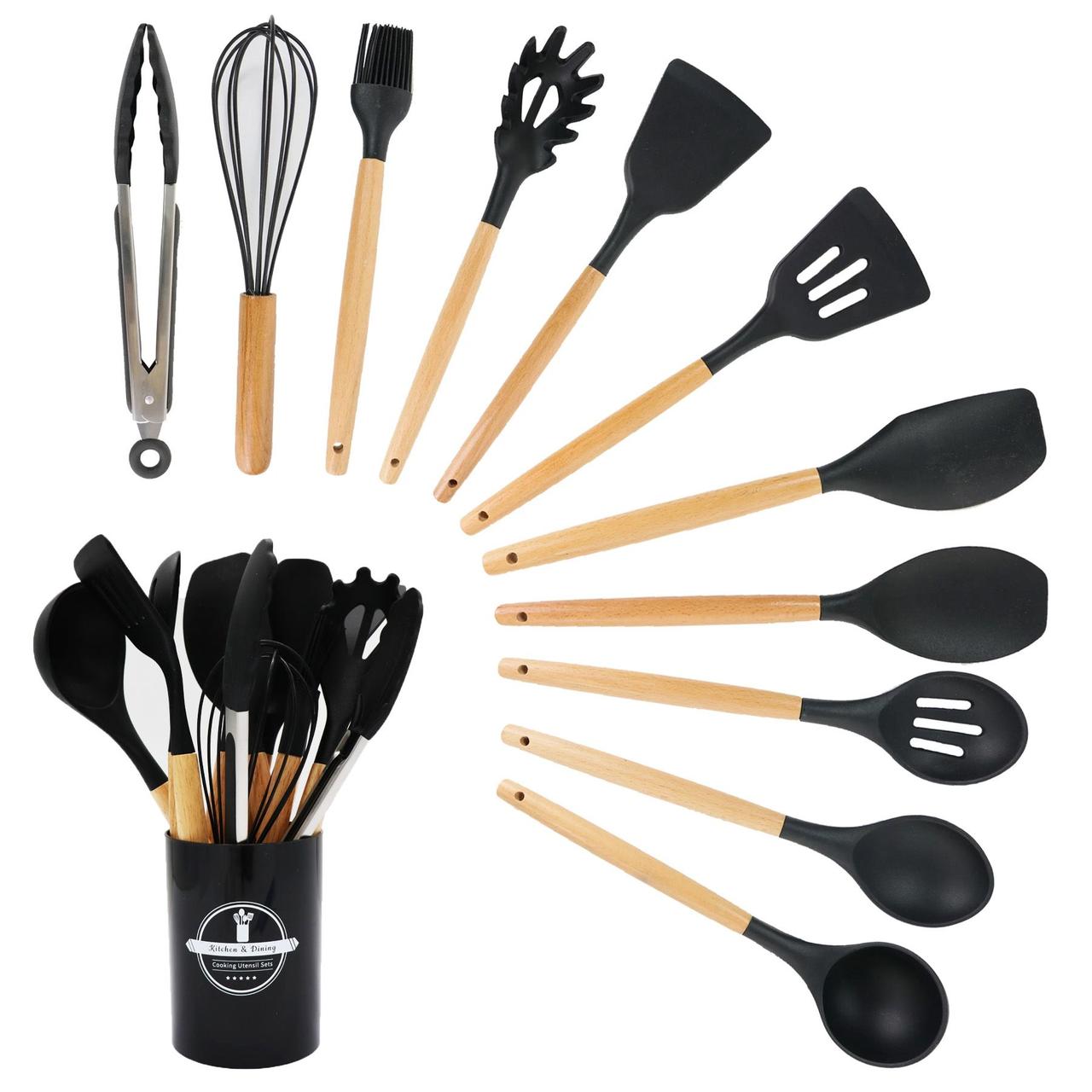 Набір кухонного приладдя з 12 предметів Kitchen Set, Чорний / Силіконовий кухонний набір з підставкою