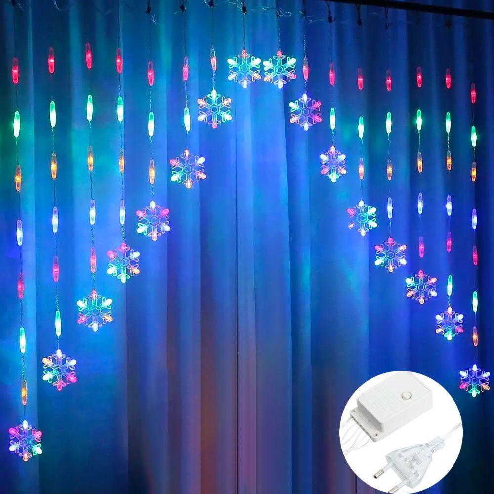 Гірлянда штора від мережі, 3 м, Сніжинки, 200LED, Мультикольорова / Новорічна світлодіодна гірлянда-арка на вікно, фото 1
