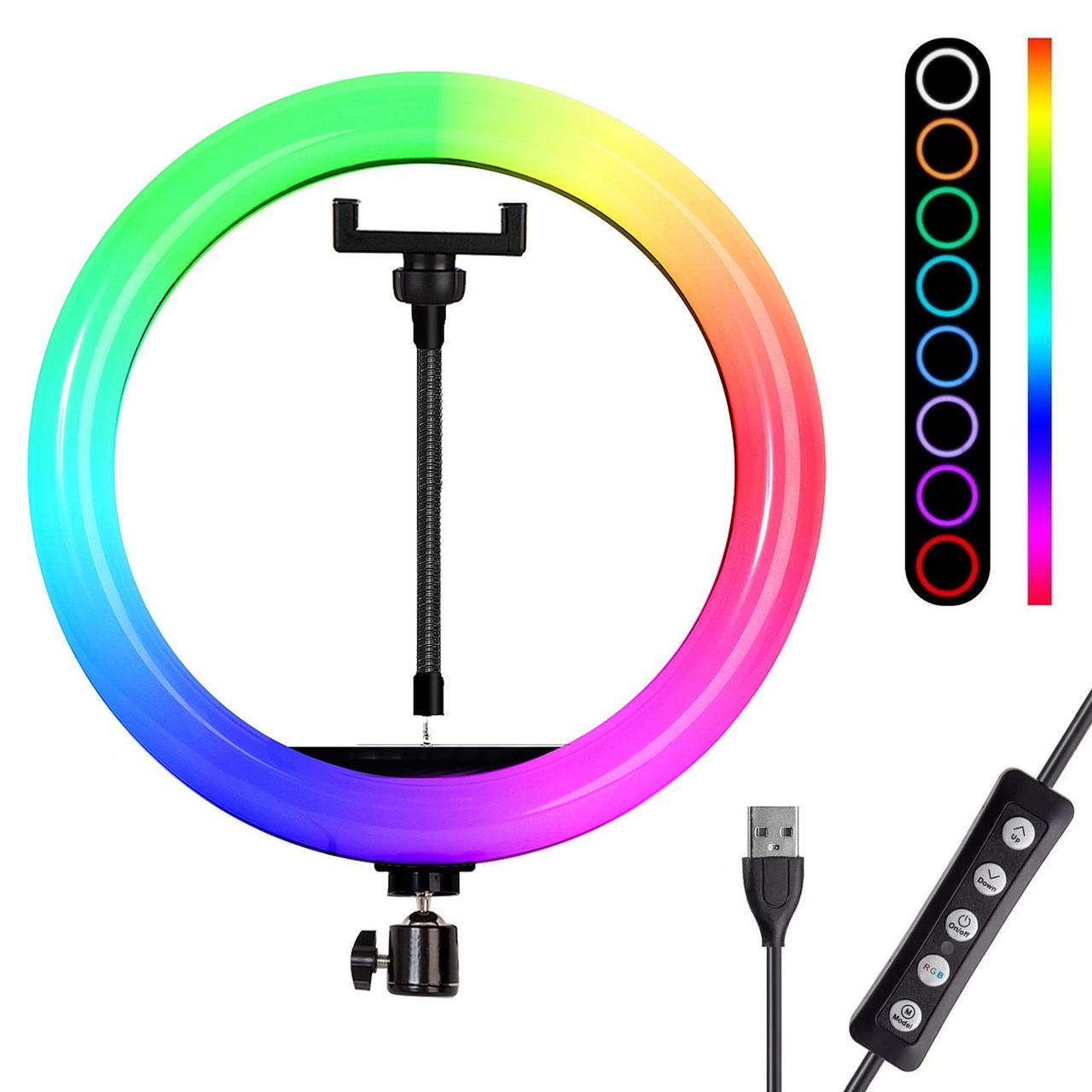 Кільцева RGB лампа 33 см, від USB, з тримачем для телефону, RING MJ33 / Світлодіодне селфі-кільце, фото 1