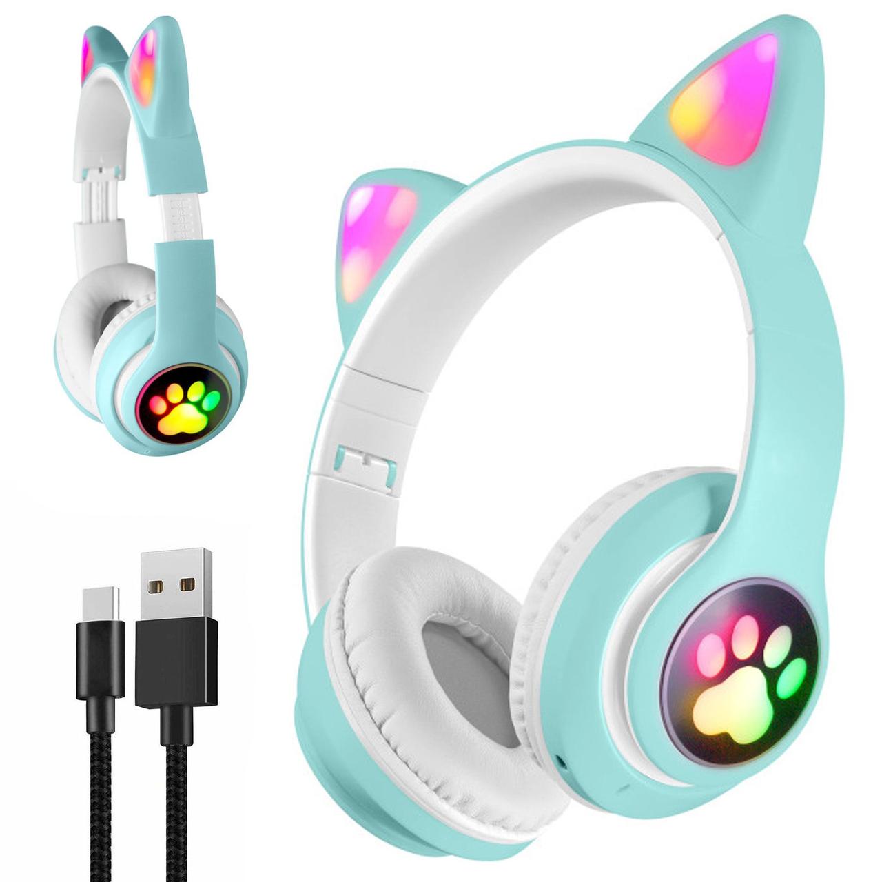 Бездротові Bluetooth-навушники з котячими вушками, STN-28, Блакитні / Дитячі навушники з підсвіткою та мікрофоном, фото 1