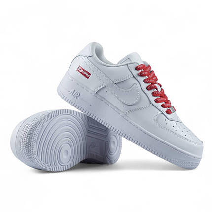 Кросівки Nike Air Force 1 Low Supreme White Найк Форс Супрем білі кеди червоні шнурки лого, фото 1