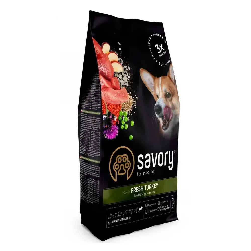 Сухий корм для стерилізованих собак усіх порід Savory All Breed Sterilised Fresh індичка 3 кг