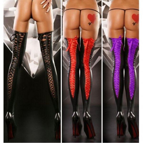 Вінілові панчохи вище коліна зі шнурівкою ззаду, чорні з червоними бантиками