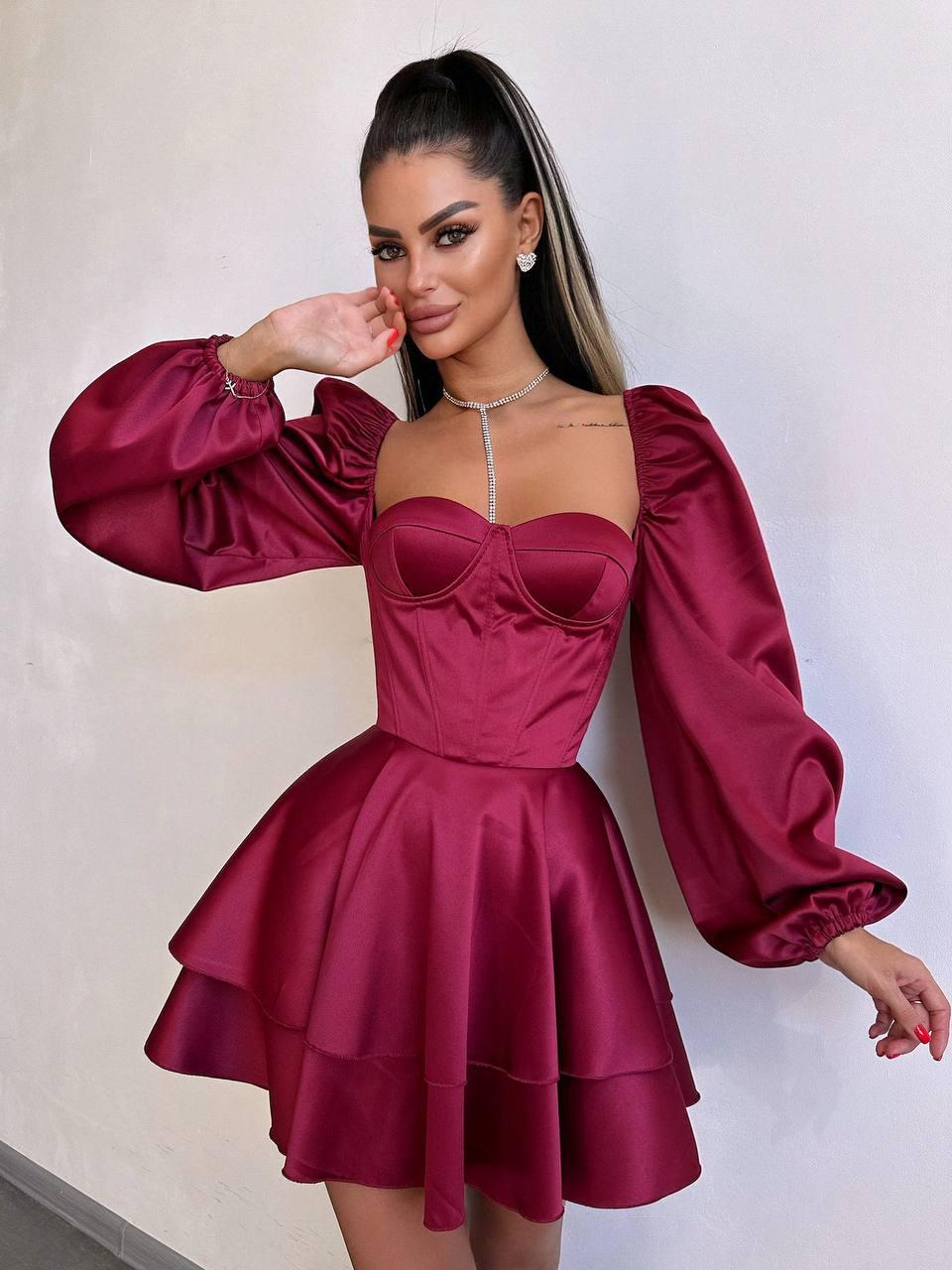 Жіноча атласна корсетна міні сукня з пишною спідницею та об'ємними рукавами, фото 1