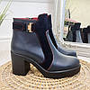 Черевики жіночі шкіряні синього кольору, високий стійкий каблук, фото 3