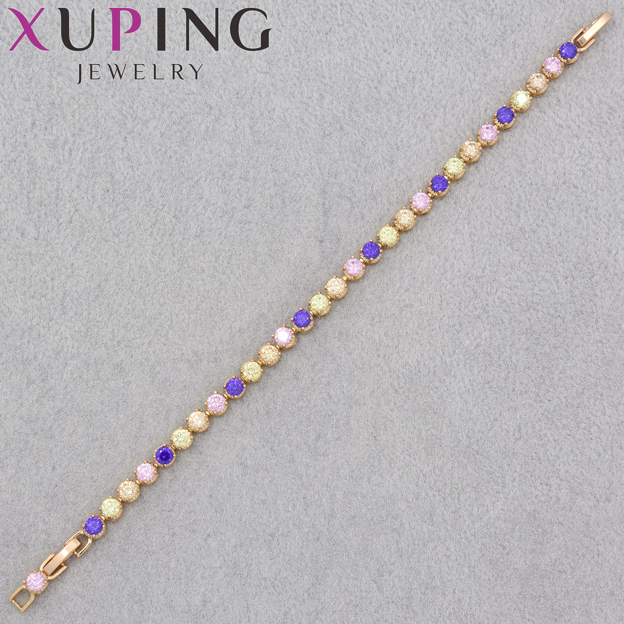 Браслет золотистого кольору Xuping Jewerly 14К з кольоровими стразами застібка шарнір довжина 17-18.5 см ширина 5 мм