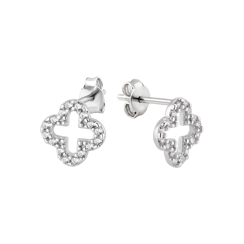 Оригінальні сережки зі срібла пусети Клевер з маленькими білими фіанітами, фото 1