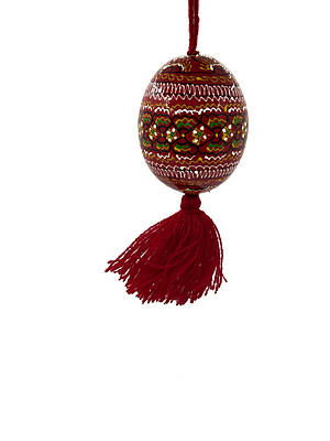 Великодня писанка Гуцульщини дерев'яна з китицею на шнурку розписна червона
