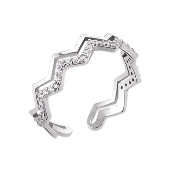 Каблучка срібна тематична Зигзаг незамкнене з білими фіанітами