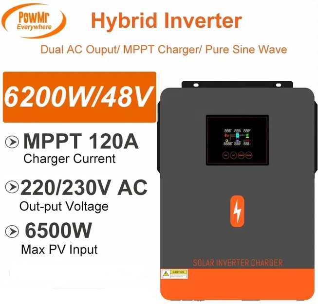 Гібридний інвертор Powmr 6200W POW-HVM6.2M-48V-N, 48 В, 6200 Вт з чистою синусоїдою