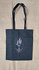 Чорний шопер з двунитки, еко-торба з квітами лаванди, бавовняна сумка для покупок, чорний шопер ручного розпису