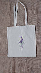 Бавовняний шопер з двунитки, бежева еко-торба ручного розпису, бавовняна сумка для з квітами лаванди, шопер на подарнок