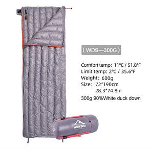 Спальний мішок пуховий ковдра Widesea WDS-300G +11°C +6°C 190 см Gray