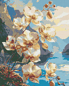 Алмазна мозаїка/вишивка Квіти орхідеї біля гірської річки 40*50 см Орігамі OD 30311