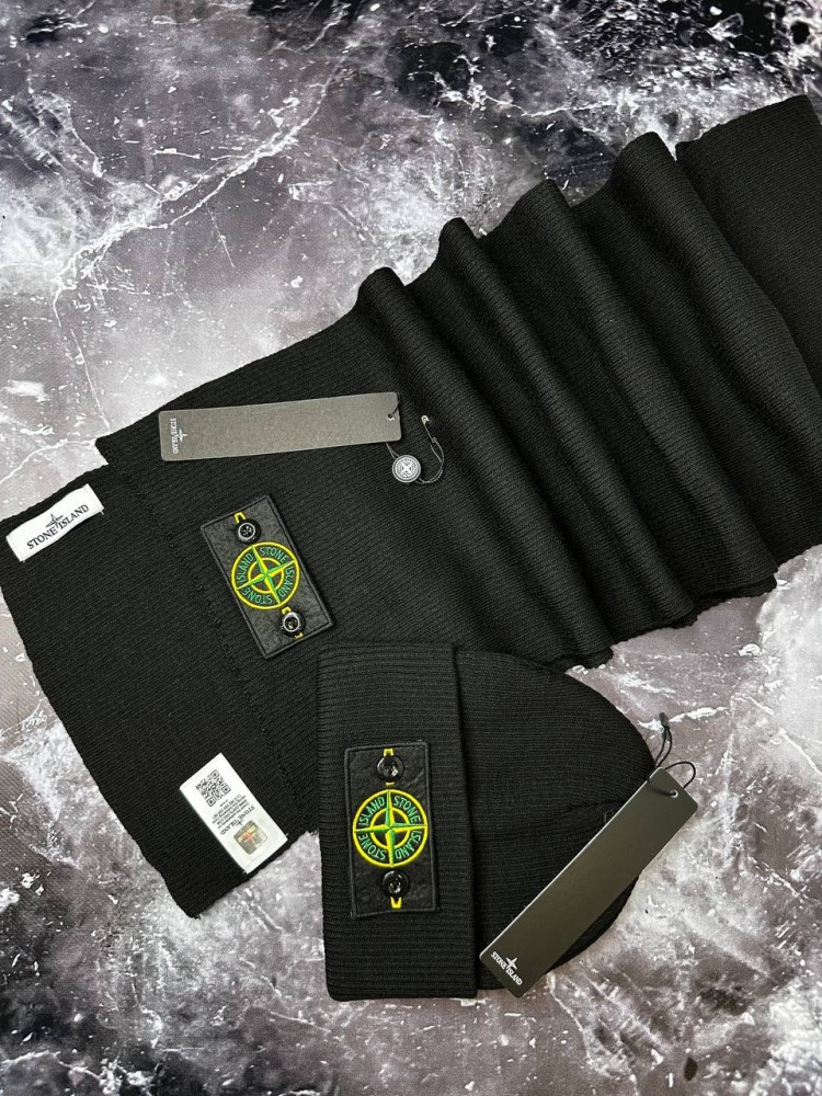 Чоловічий набір stone island чорний шарф + шапка gu002-1, фото 1