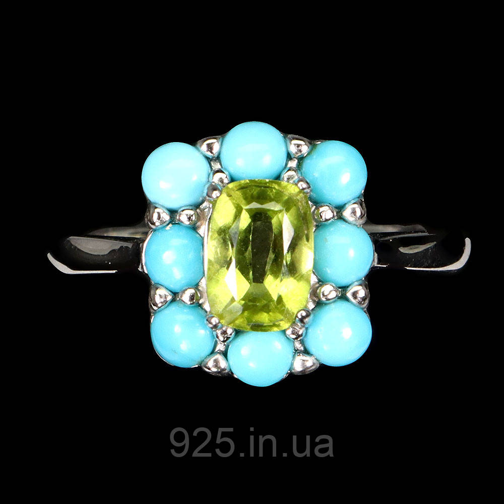Кільце. Натуральний перидот і бірюза. Срібло 925.