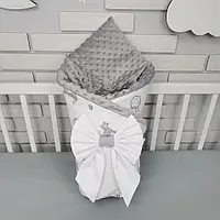 Ковдра-конверт зі з'ємним утеплювачем - 100х80см з бантиком на виписку - Звірята сірі на білому з сірим плюшем