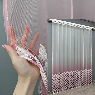 Тюль "Грек-сітка" омбре з вишивкою Листочки. Колір рожевий з білим. Код 1482т