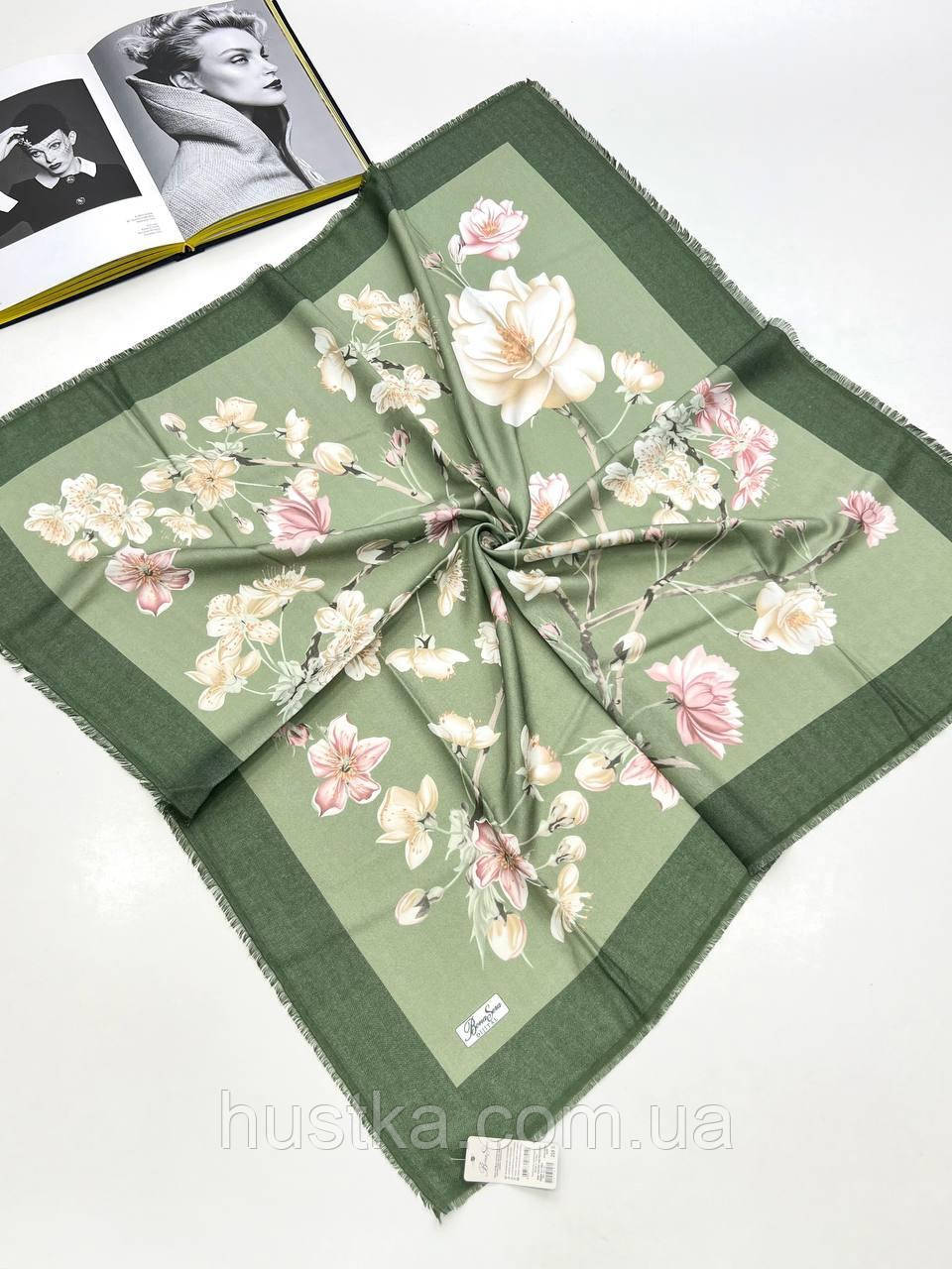 Жіноча демісезонна хустка Bona Sera квіти 100*100 см оливковий 60