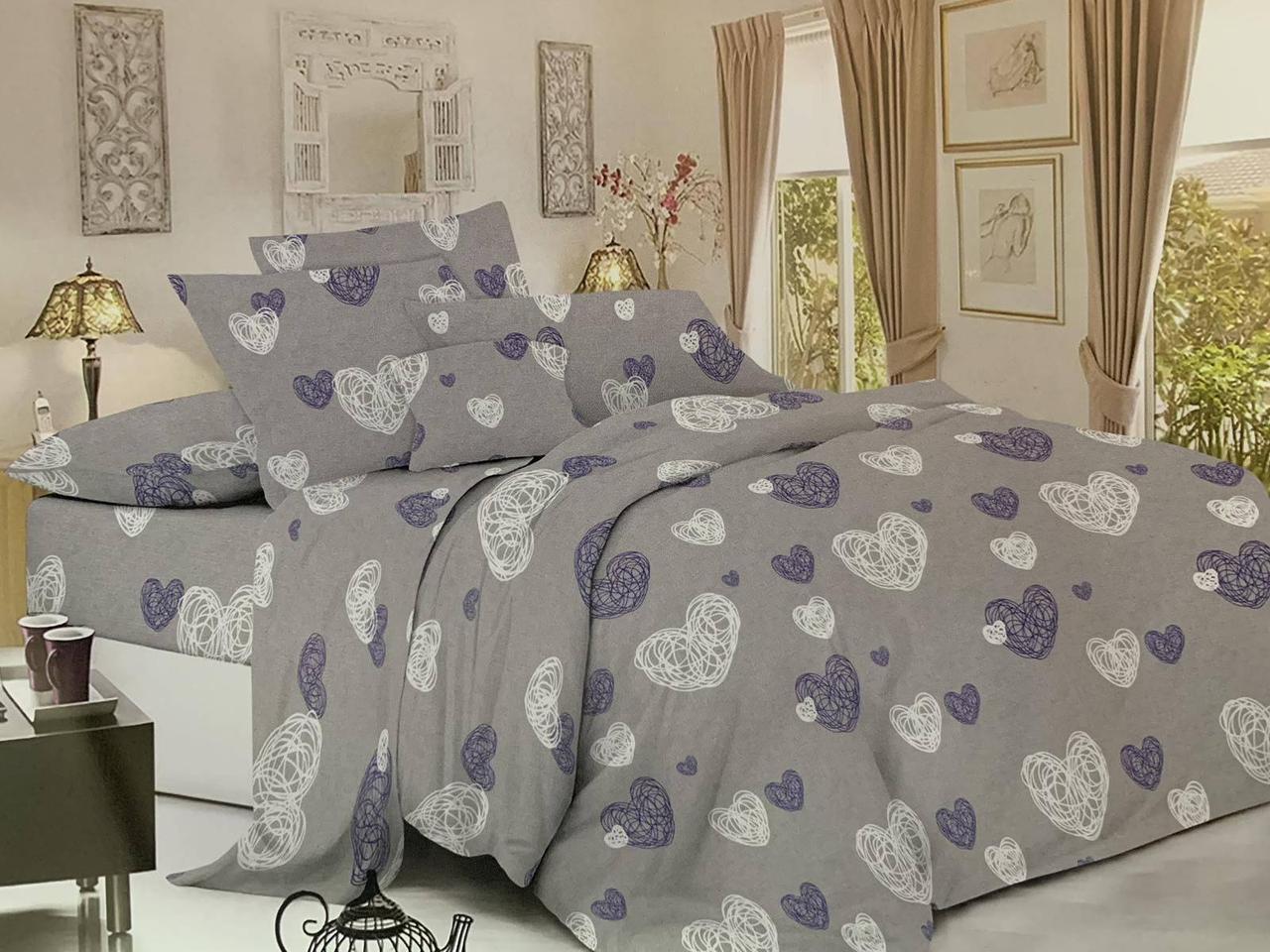 Сіра тканина для постільної білизни 220 см Фланель (байка) набивна 100% бавовняна з принтом серце, рулон 50 м