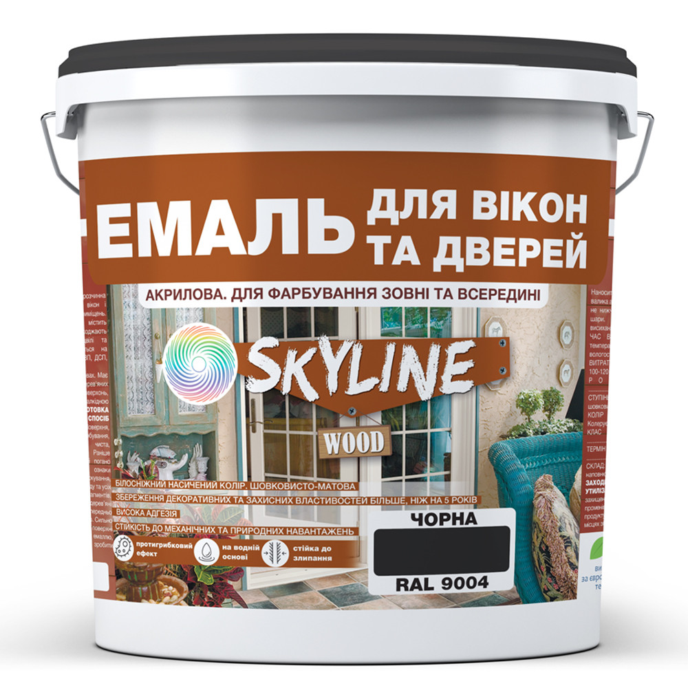 Емаль акрилова Для Вікон та Дверей SkyLine Wood Чорна RAL 9004 5 л