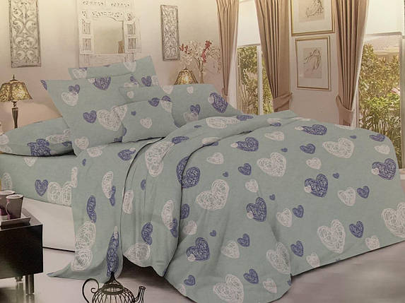 Зелена тканина для постільної білизни 220 см Фланель (байка) 100% бавовняна набивна з принтом серце, рулон 50 м, фото 1